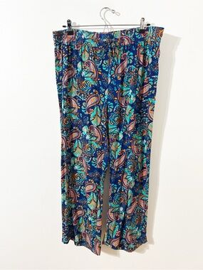 Anne Carson Paisley Beach Pants Wide Leg Rayon Lounge Pants Navy Blue 🌺